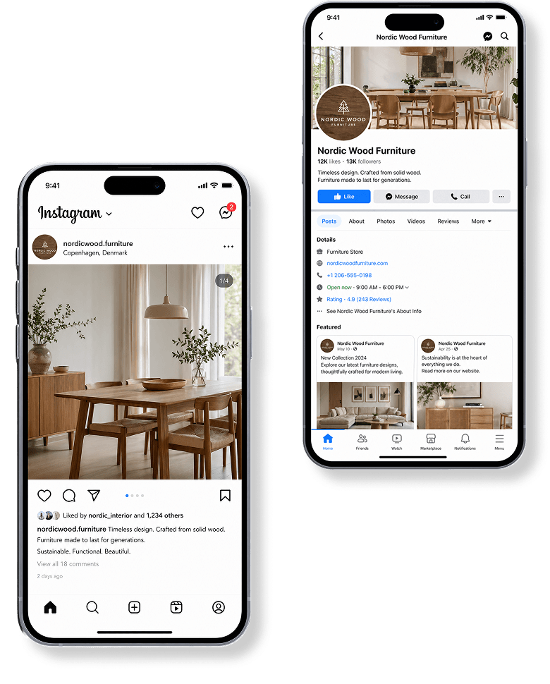 We create and publish content on Facebook and Instagram: text, visuals, and creatives aligned with your brand and audience.