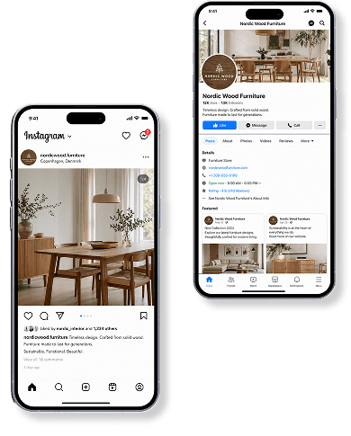 We create and publish content on Facebook and Instagram: text, visuals and creatives aligned with your brand and audience.